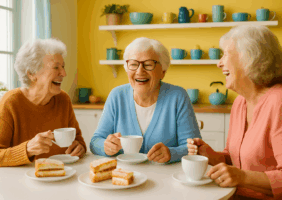 Three elderly women sitting at a bright and cheerful kitchen table, laughing and enjoying tea and cake together in a warm, vibrant setting.