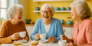 Three elderly women sitting at a bright and cheerful kitchen table, laughing and enjoying tea and cake together in a warm, vibrant setting.