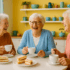 Three elderly women sitting at a bright and cheerful kitchen table, laughing and enjoying tea and cake together in a warm, vibrant setting.