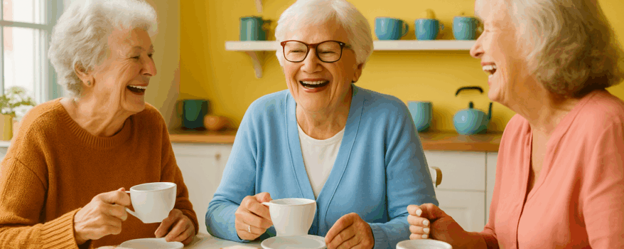 Three elderly women sitting at a bright and cheerful kitchen table, laughing and enjoying tea and cake together in a warm, vibrant setting.