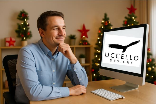 Grown man on his computer look at the Uccello Designs website