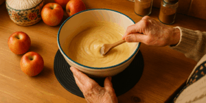 Elderly woman baking in her kitchen with her mixing bowl sitting on the Uccello Grip Mat