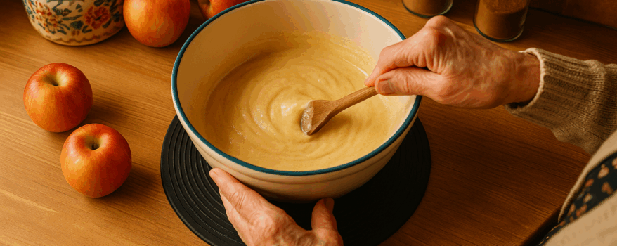 Elderly woman baking in her kitchen with her mixing bowl sitting on the Uccello Grip Mat
