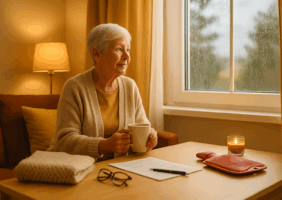 Elderly woman with a cup of tea sitting by the window looking out at the rain