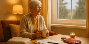 Elderly woman with a cup of tea sitting by the window looking out at the rain