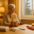 Elderly woman with a cup of tea sitting by the window looking out at the rain