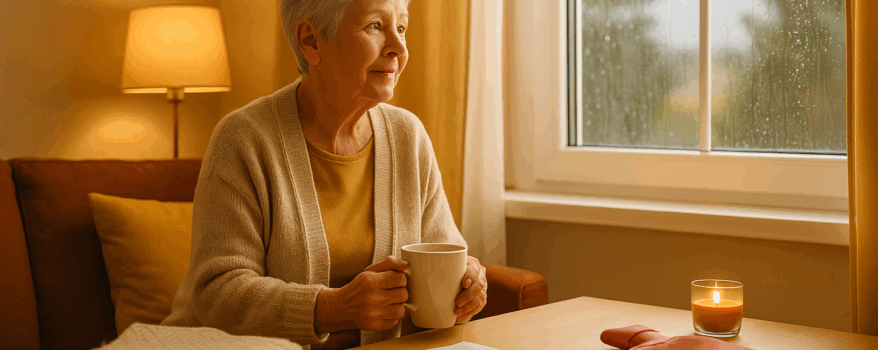 Elderly woman with a cup of tea sitting by the window looking out at the rain
