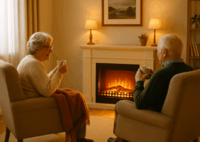 An elderly couple sits together in a cozy living room, each holding a cup of tea. They face one another in soft beige armchairs angled toward an electric fireplace glowing warmly. The woman has a shawl draped over her legs, and both appear relaxed and smiling in the softly lit, inviting space.