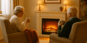 An elderly couple sits together in a cozy living room, each holding a cup of tea. They face one another in soft beige armchairs angled toward an electric fireplace glowing warmly. The woman has a shawl draped over her legs, and both appear relaxed and smiling in the softly lit, inviting space.