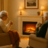 An elderly couple sits together in a cozy living room, each holding a cup of tea. They face one another in soft beige armchairs angled toward an electric fireplace glowing warmly. The woman has a shawl draped over her legs, and both appear relaxed and smiling in the softly lit, inviting space.