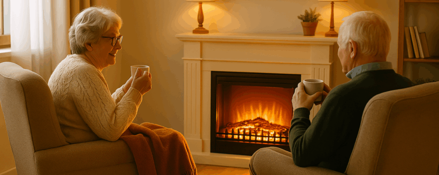 An elderly couple sits together in a cozy living room, each holding a cup of tea. They face one another in soft beige armchairs angled toward an electric fireplace glowing warmly. The woman has a shawl draped over her legs, and both appear relaxed and smiling in the softly lit, inviting space.