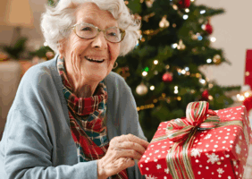 Elderly woman sitting by the Christmas tree with a wrapped present