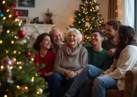 Elderly parents sitting beside the Christmas tree with their adult children laughing and smiling