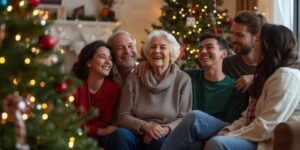 Elderly parents sitting beside the Christmas tree with their adult children laughing and smiling