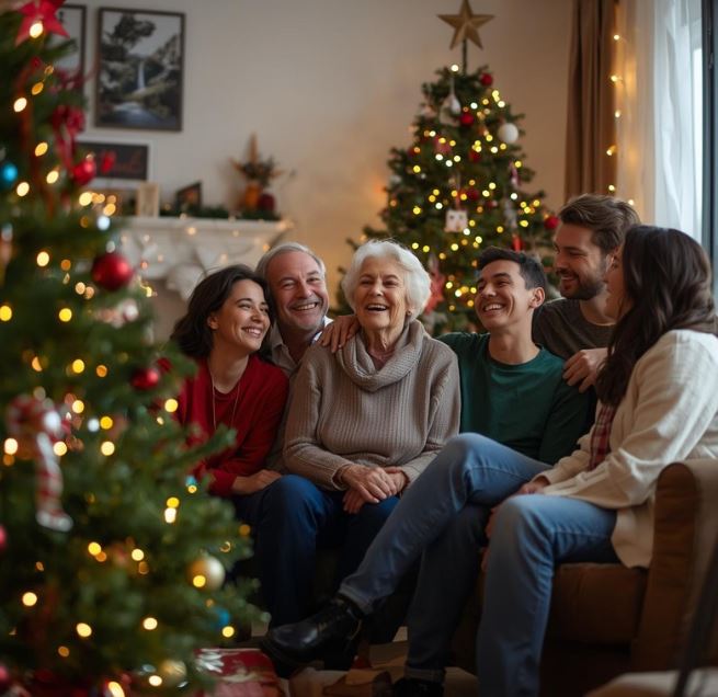 Elderly parents sitting beside the Christmas tree with their adult children laughing and smiling