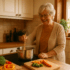 Elderly woman preparing a meal in her kitchen independently