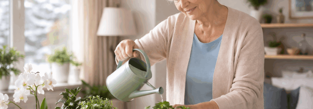 Elderly woman caring for plans in the living room independently