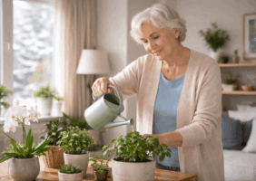 Elderly woman caring for plans in the living room independently