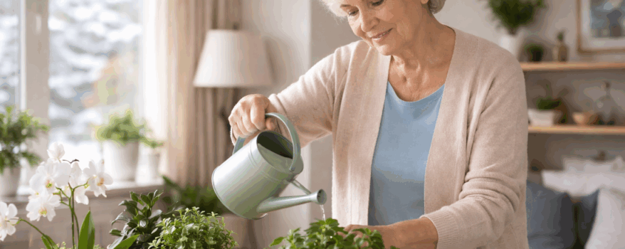 Elderly woman caring for plans in the living room independently