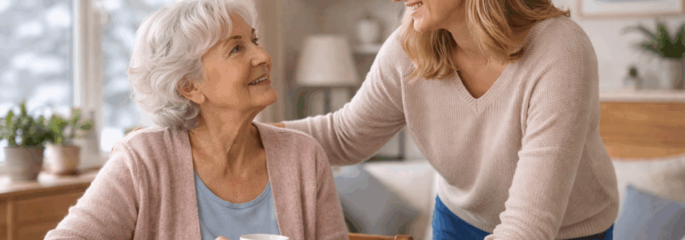Elderly mother sharing a soft and warm moment with her adult daughter
