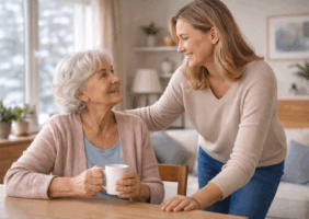 Elderly mother sharing a soft and warm moment with her adult daughter