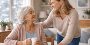 Elderly mother sharing a soft and warm moment with her adult daughter
