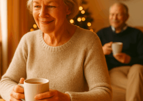 Elderly couple in the living room drinking tea beside the Christmas tree