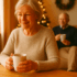 Elderly couple in the living room drinking tea beside the Christmas tree