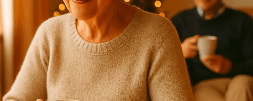 Elderly couple in the living room drinking tea beside the Christmas tree