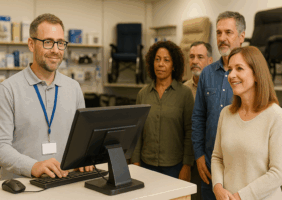 Customers waiting in line at a mobility shop