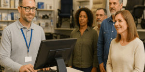 Customers waiting in line at a mobility shop