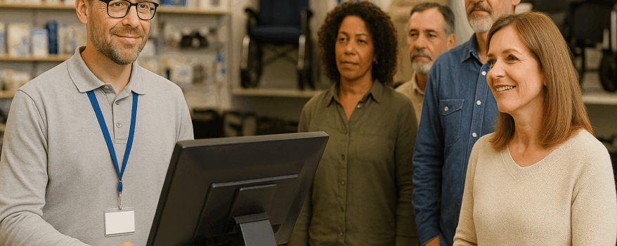 Customers waiting in line at a mobility shop