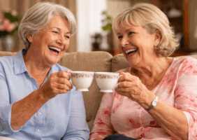 2 elderly woman chatting over a cup of tea