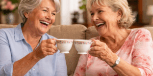 2 elderly woman chatting over a cup of tea