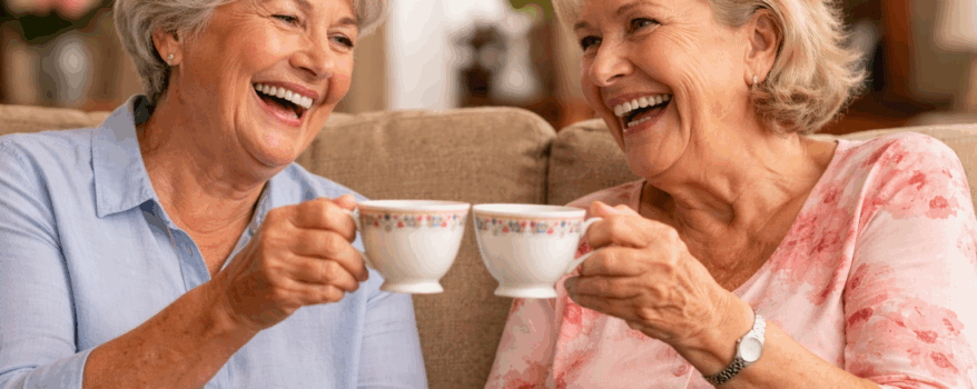 2 elderly woman chatting over a cup of tea