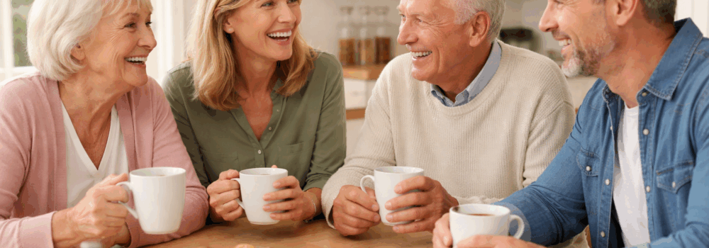 Elderly parents enjoying tea with their adult children