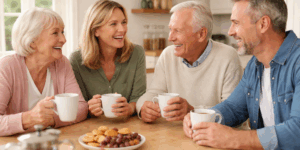 Elderly parents enjoying tea with their adult children