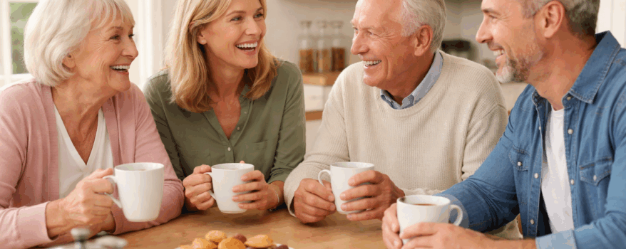 Elderly parents enjoying tea with their adult children