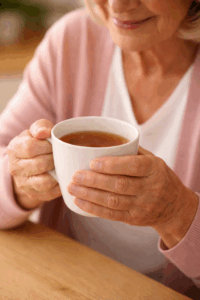 Elderly woman holding a cup of tea