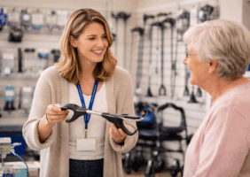 Staff talking about daily living aids to elderly customer