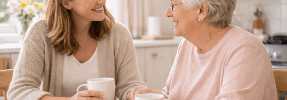 Mother and daughter share a chat over tea and cake in the kitchen