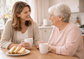 Mother and daughter share a chat over tea and cake in the kitchen